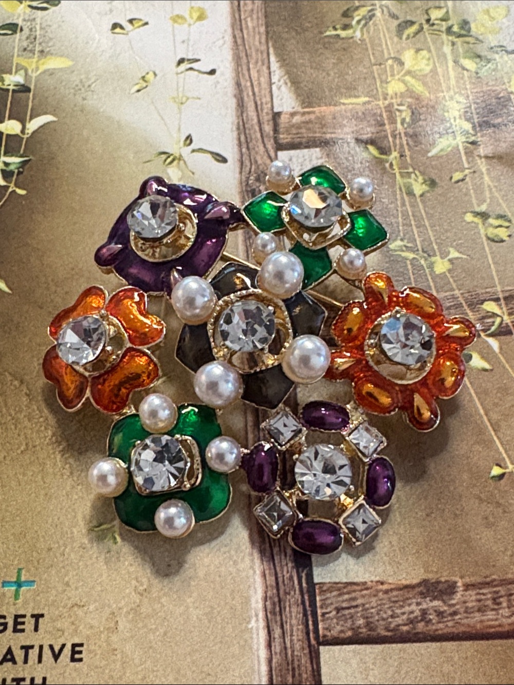 Multicolor Floral Crystal & Pearl Cluster Brooch - Green, Purple & Orange Accent